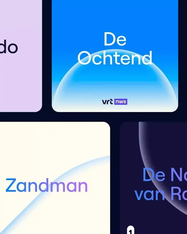 VRT NWS podcast tiles with gradient orbs, minimal, gradient-heavy, gradient
