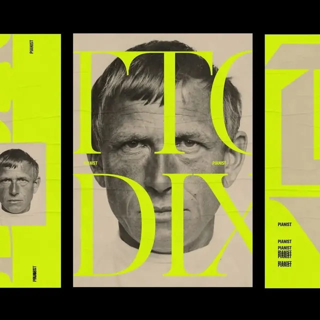 Neon-green serif over archival portrait poster, editorial, retro, high-contrast