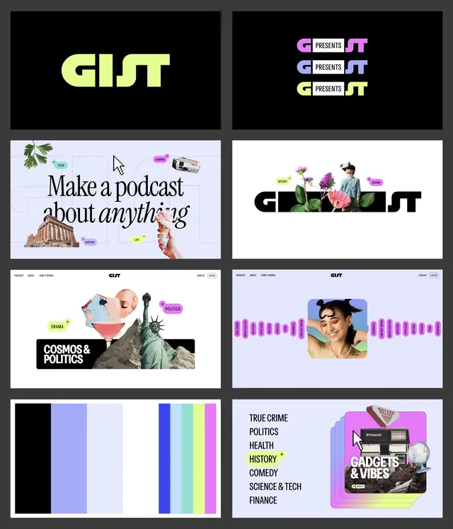 GIST podcast brand identity board, maximalist, editorial, high-contrast