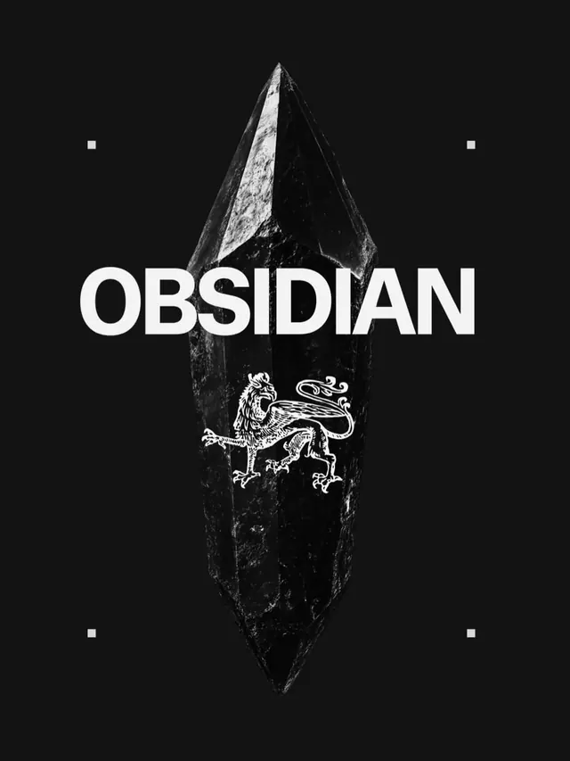 OBSIDIAN wordmark layered on crystal with griffin crest, minimal, monochrome, dark