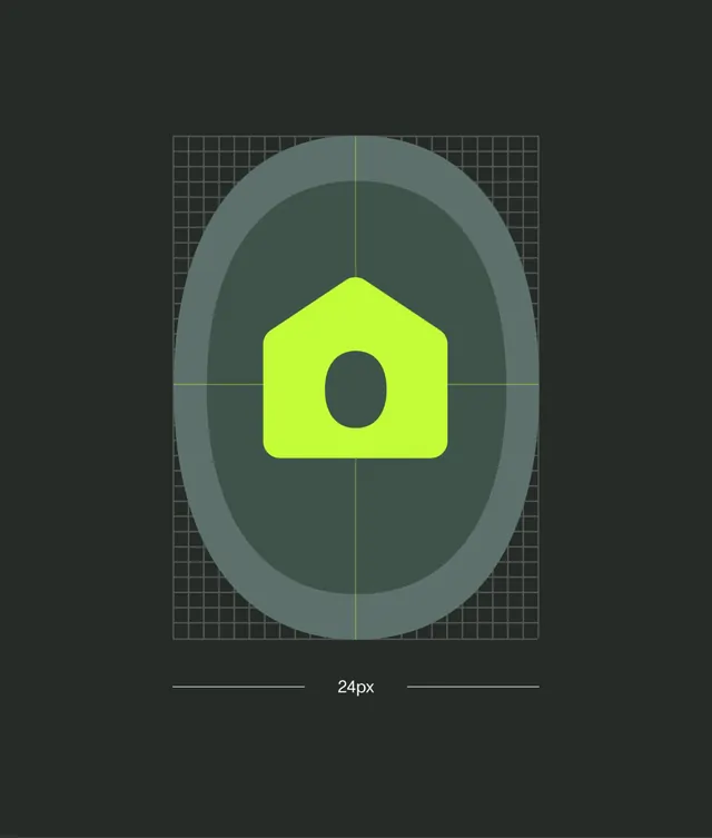 Lime home icon on a construction-grid spec, minimal, geometric, dark
