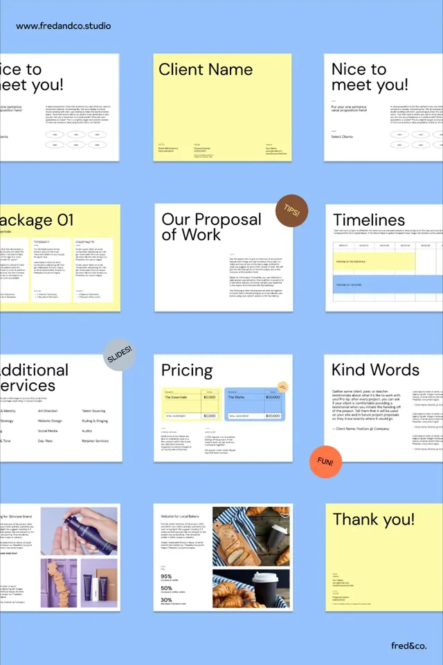 Fred & Co. client proposal deck template, minimal, corporate-clean, light