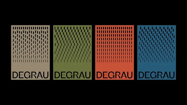 DEGRAU four-color poster set with dash-gradient field, minimal, geometric, dark
