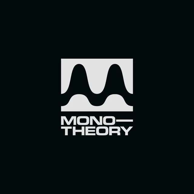 MONO-THEORY waveform logo with negative-space M, minimal, geometric, dark