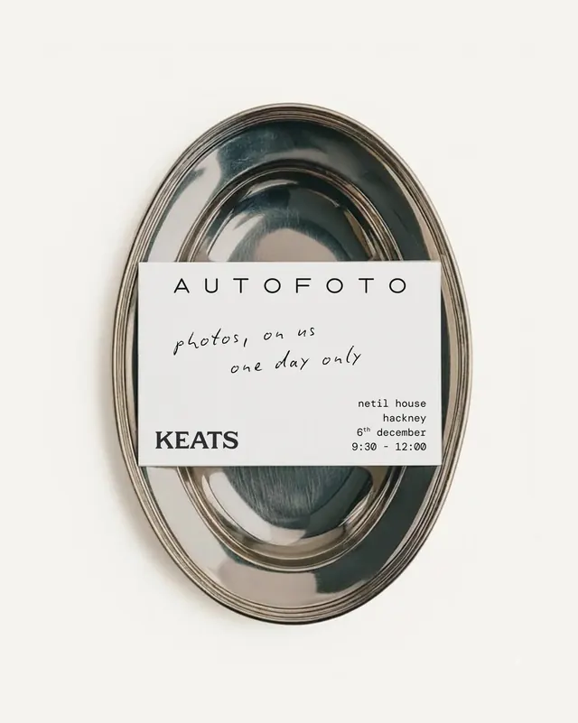 AUTOFOTO event invitation on a silver platter, minimal, editorial, muted