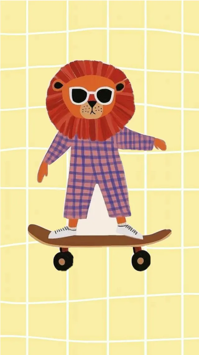 Flat skateboarding lion character illustration, flat, illustrated, warm
