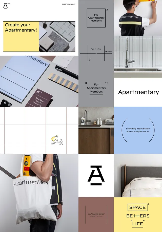 Apartmentary interior brand identity board, minimal, geometric, light
