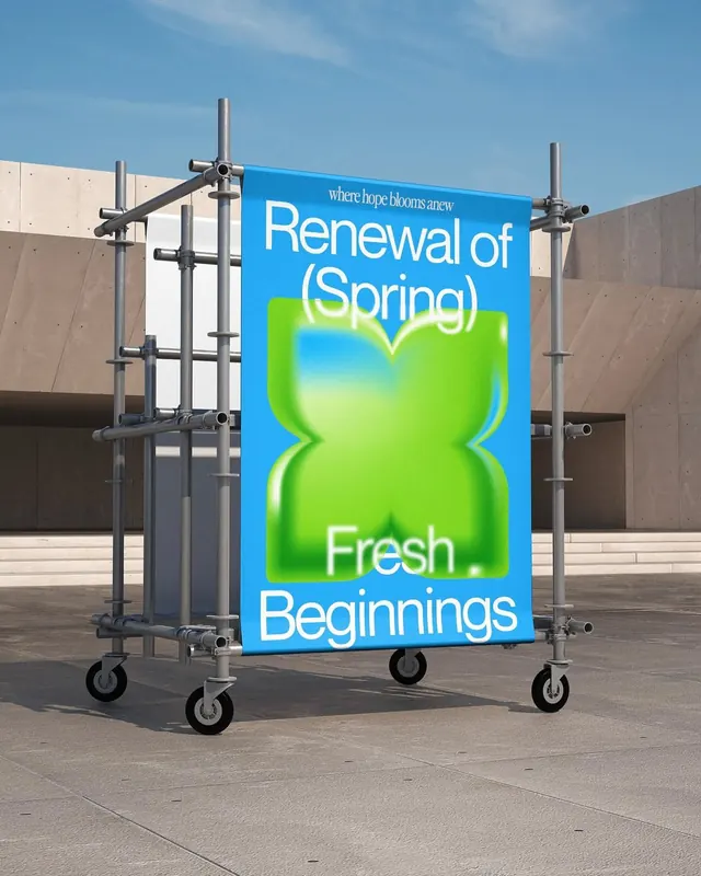 Spring banner mockup on wheeled scaffold, 3d-render, gradient-heavy, vibrant