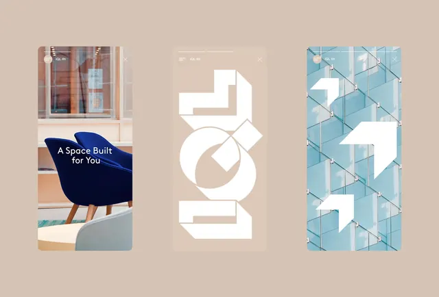 Interior design brand identity with modular logo and lifestyle photography, minimal, geometric, warm