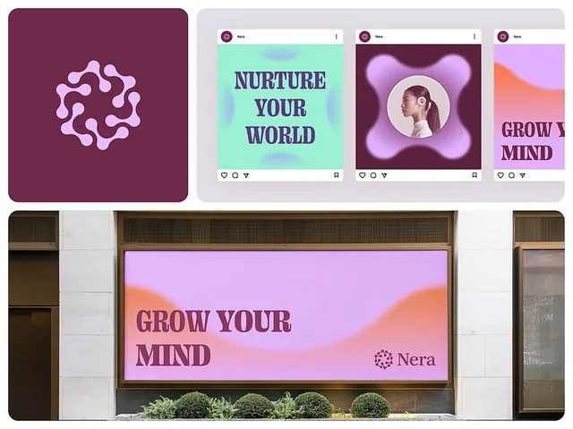 Nera wellness brand: blob mark on gradient billboard and social, minimal, gradient-heavy, light