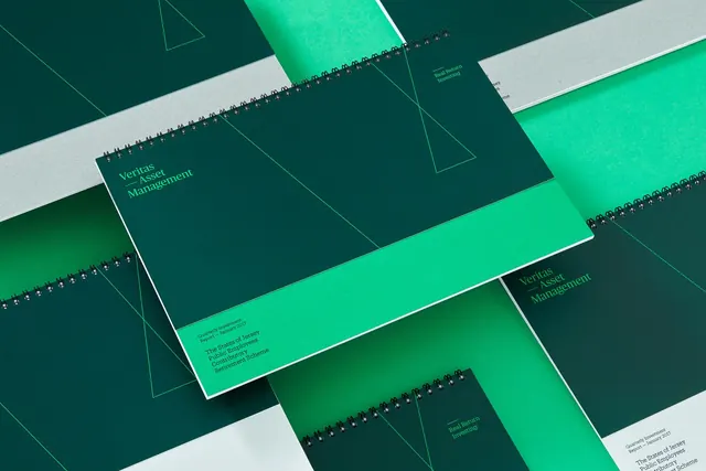 Spiral-bound collateral system with layered mint and teal, minimal, corporate-clean, vibrant