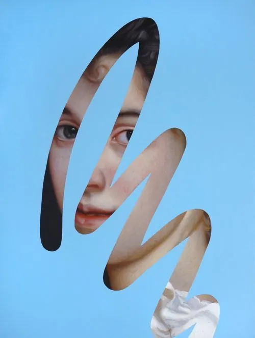 Squiggle-masked portrait on sky blue, abstract, minimal, light