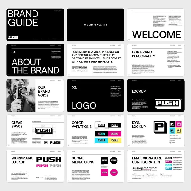 PUSH Media brand guide page grid, minimal, corporate-clean, dark