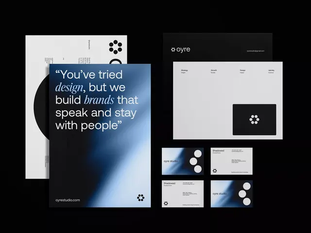 Oyre Studio identity with geometric dot mark and blue gradient, minimal, corporate-clean, dark