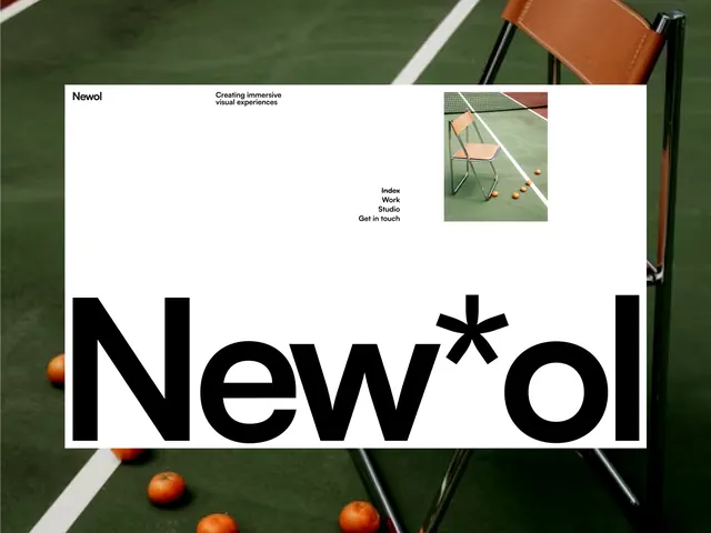 Newol studio hero with oversized wordmark over tennis-court photo, minimal, editorial, dark