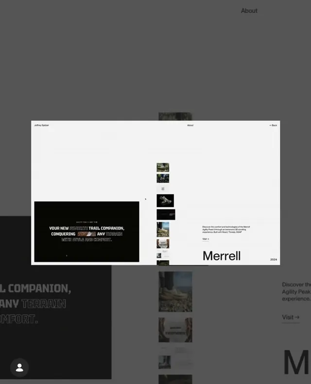 Merrell portfolio grid with monochromatic editorial layout, minimal, editorial, light