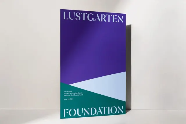 Lustgarten Foundation event poster, stencil type on purple, geometric, minimal, cool