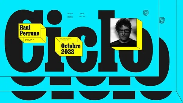 Ciclo film-cycle poster with oversized cyan type, editorial, maximalist, vibrant