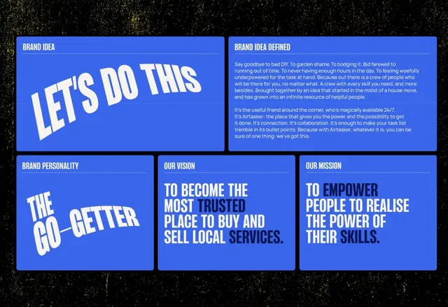Brand strategy board with warped condensed display type, minimal, editorial, dark