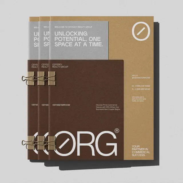 ORG realty brochure system in brown and tan, corporate-clean, minimal, earthy