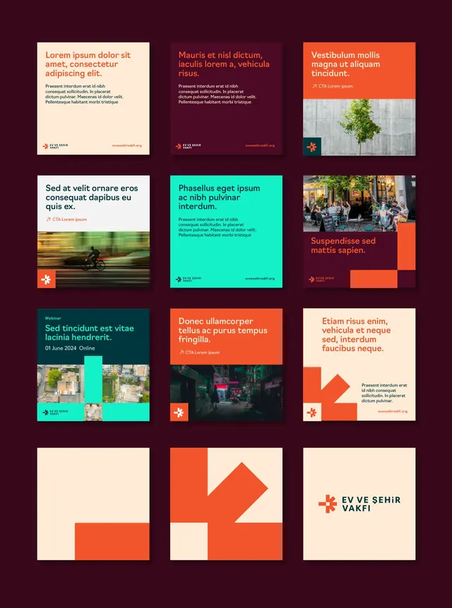 Ev ve Şehir Vakfı social-post template grid, minimal, corporate-clean, warm