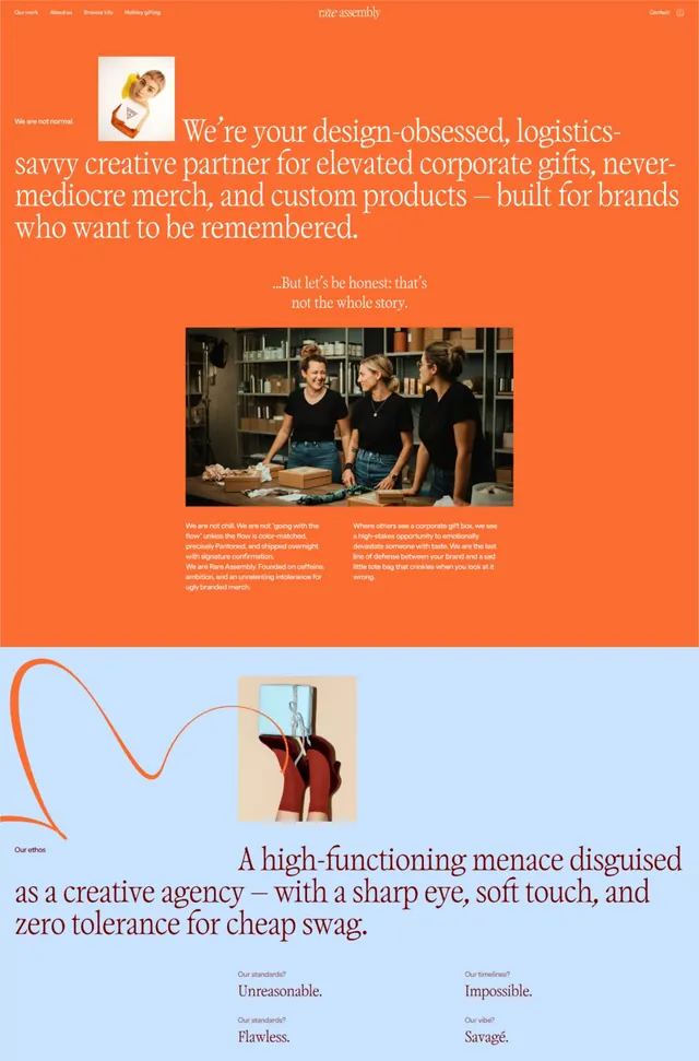 Rate Assembly orange and blue agency site, editorial, corporate-clean, warm