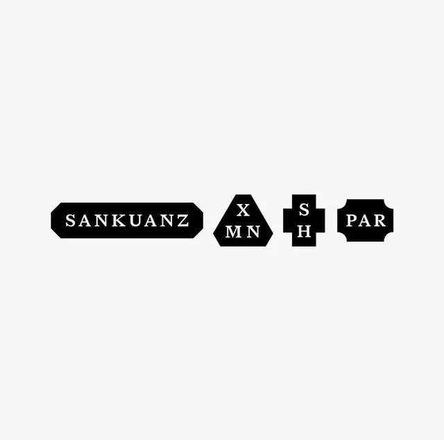 Black badge lockups with serif lettering, minimal, monochrome, light