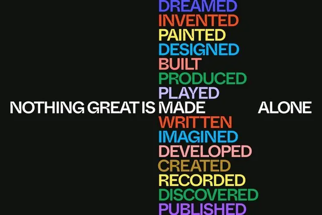 Multicolor verb stack around a fixed white statement, minimal, editorial, dark