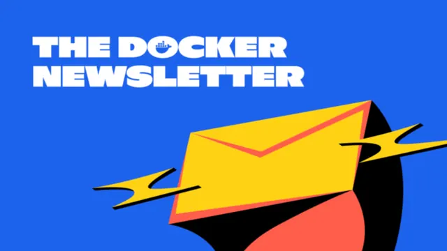 The Docker Newsletter envelope banner, flat, playful, vibrant