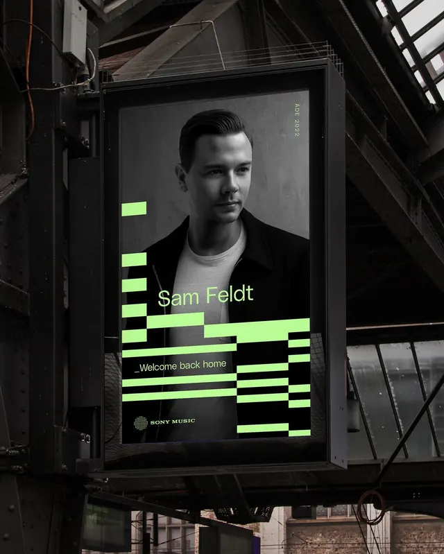 Sam Feldt digital billboard mockup, lime pixel bars, minimal, geometric, dark