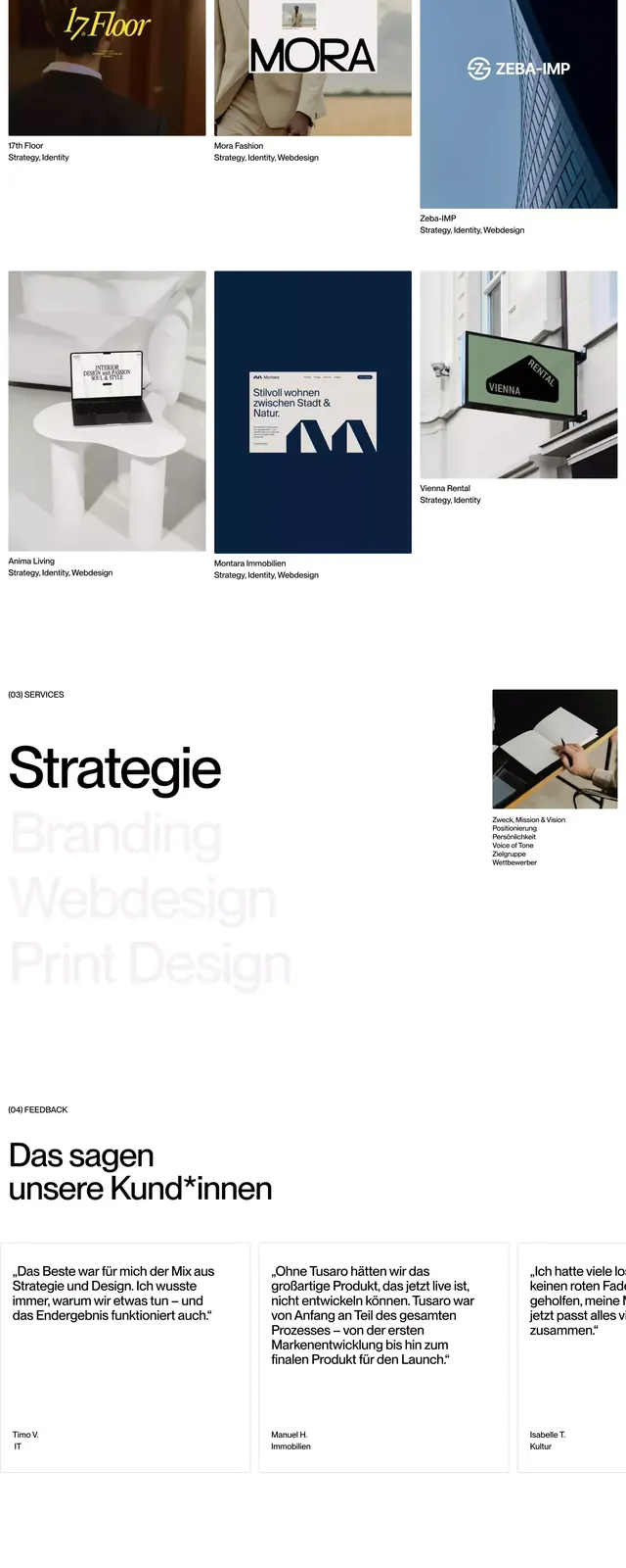 Tusaro branding studio website long-scroll, minimal, editorial, light