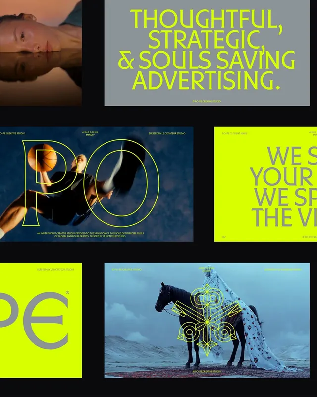 Chartreuse creative-studio brand board with outlined logotype, editorial, geometric, dark