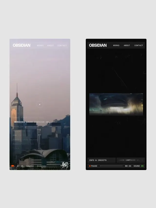 OBSIDIAN mobile portfolio site, light and dark states, dark-mode, editorial, dark