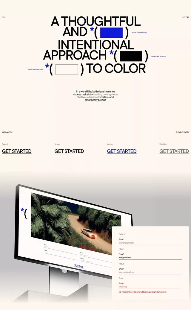 Editorial color-system landing with swatch placeholders, editorial, minimal, light