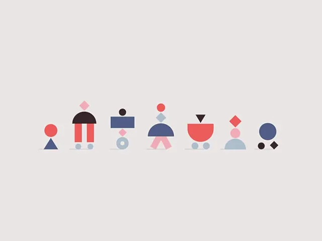 Geometric primitive figures, a row of little people, minimal, geometric, pastel