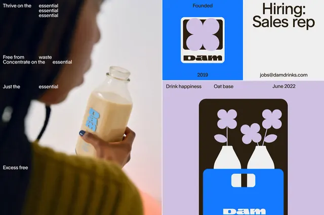 Oat-drink brand collateral with pixel-flower mark, minimal, flat, cool