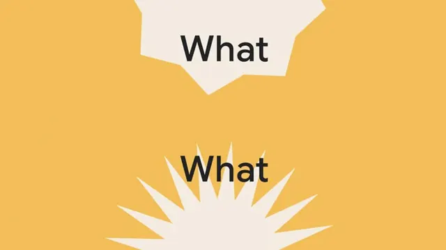 What word in cream speech-burst shapes on yellow, minimal, flat, warm