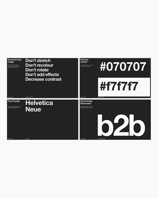Black-and-white brand guideline template slides, minimal, swiss, monochrome
