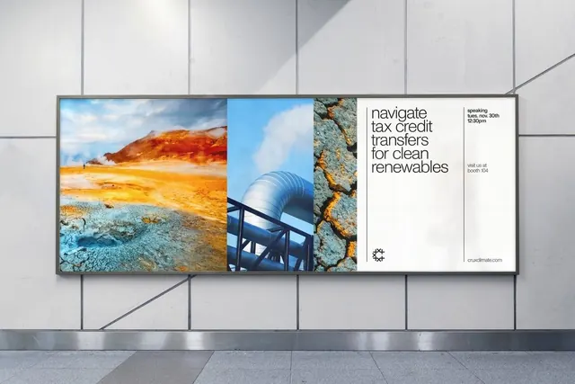 Crux Climate transit billboard: triptych photos plus text panel, minimal, corporate-clean, light