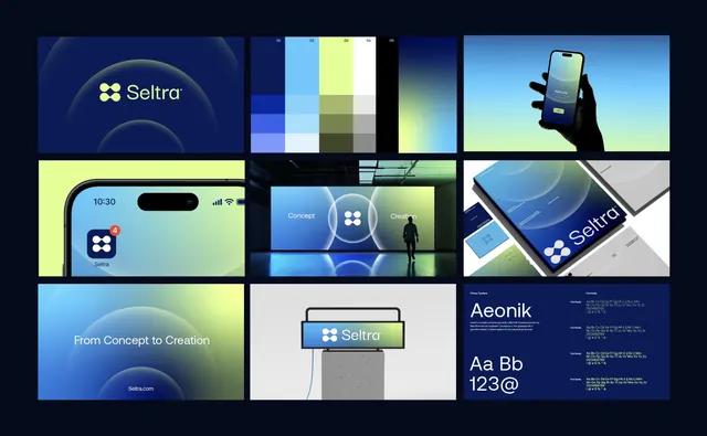 Seltra brand identity system, 3x3 case-study grid, corporate-clean, gradient-heavy, cool
