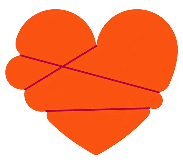 Heart mark with sliced segments and diagonal binding lines, flat, minimal, warm