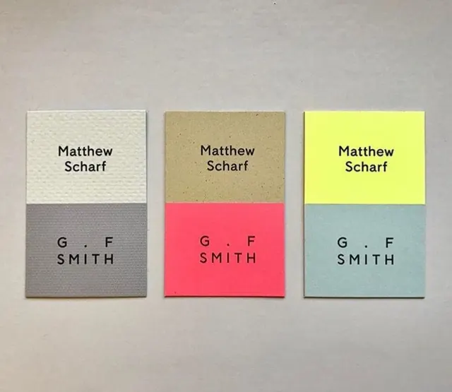 G.F Smith cards: three color-blocked stationery variations, minimal, swiss, muted