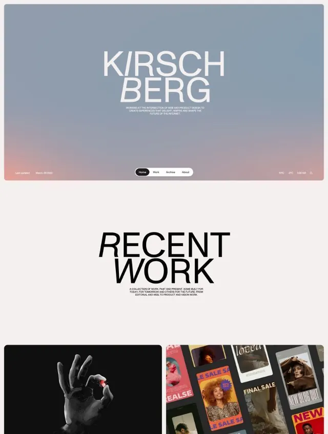 Kirschberg portfolio site with oversized italic-cut type, minimal, editorial, muted