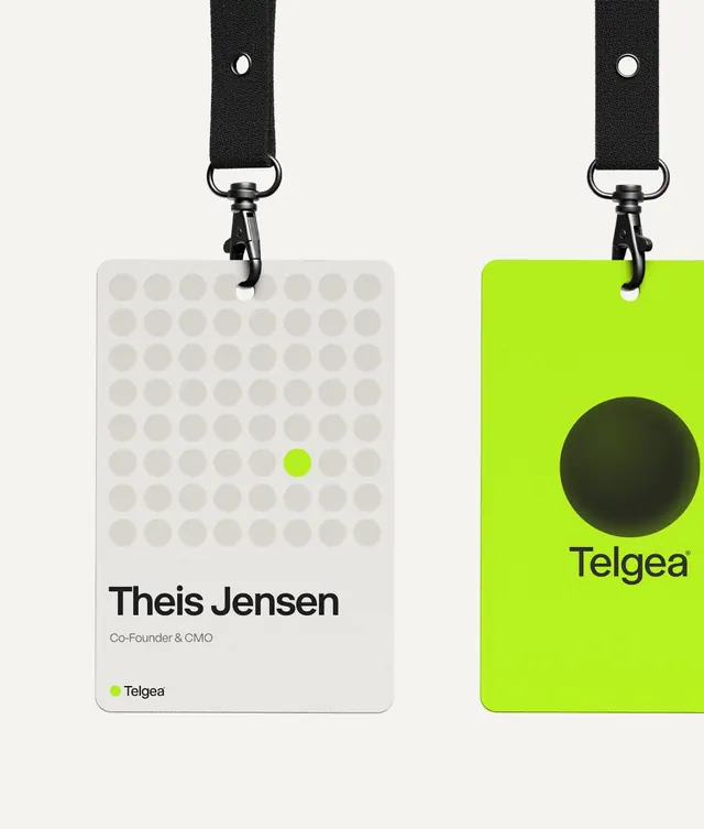 Telgea lanyard ID badges, lime and dot grid, minimal, corporate-clean, light