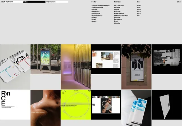 LEON ROMERO portfolio index with filter columns and project grid, minimal, swiss, light