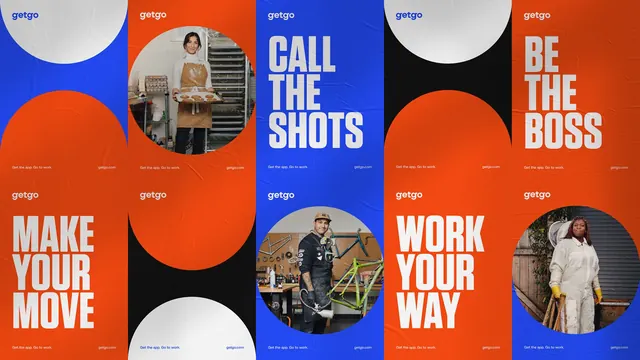 getgo gig-work brand: vertical story panels, editorial, geometric, vibrant