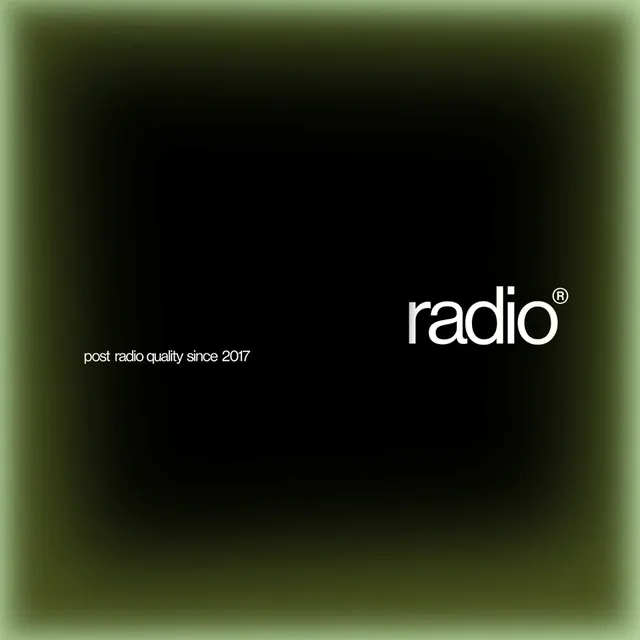 radio wordmark with registered mark on olive-glow black square, minimal, monochrome, dark