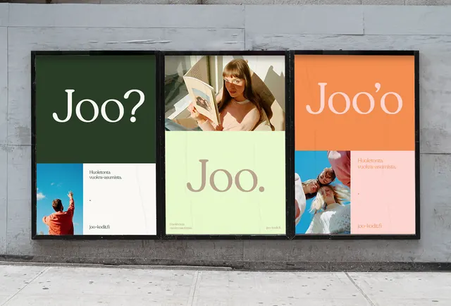 Joo billboard triptych on a street wall, editorial, minimal, muted