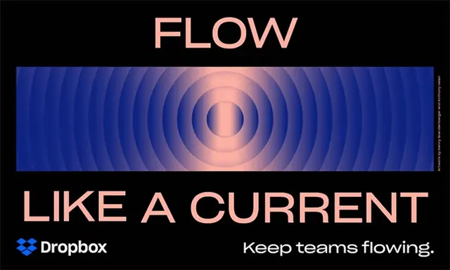 Dropbox 'Flow Like a Current' ripple banner, gradient-heavy, geometric, dark