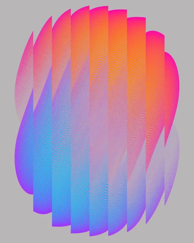 Sliced gradient orb in pink and blue, abstract, gradient-heavy, warm